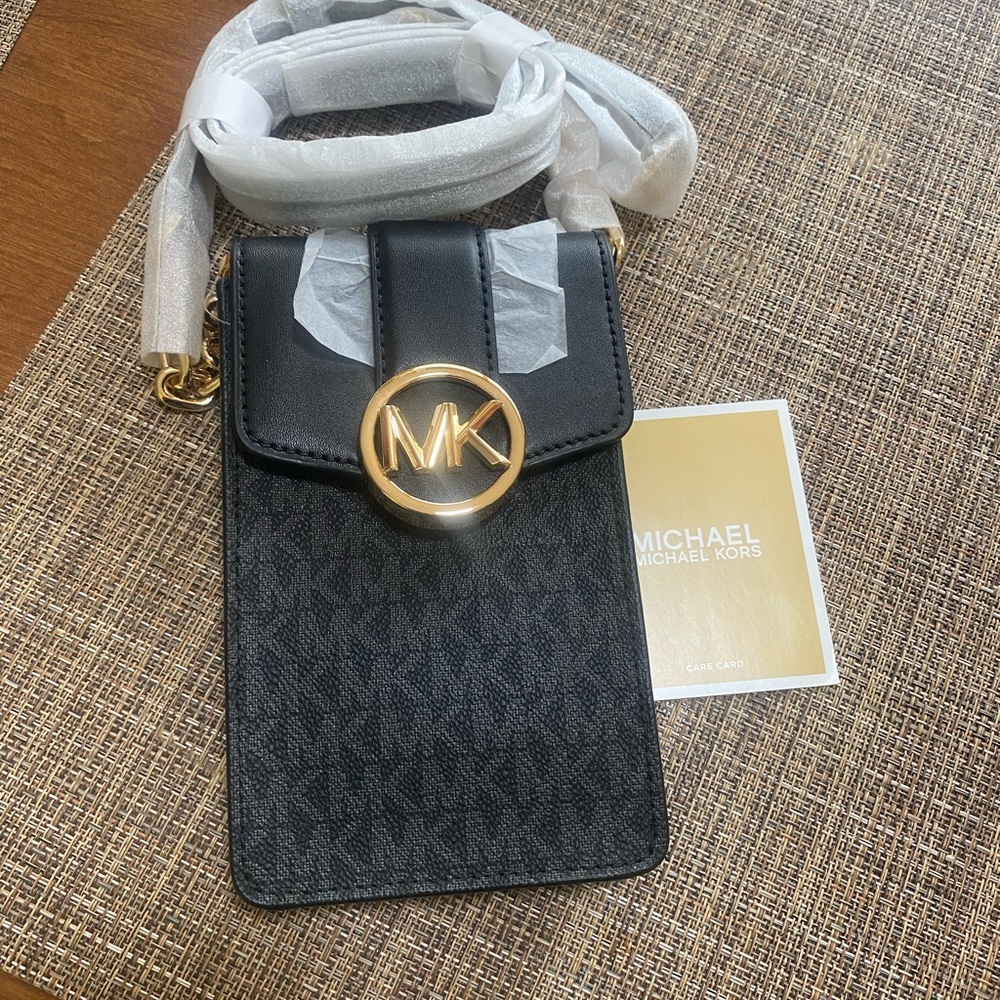 Michael Kors brown and Gold Logo phone Crossbody NWT